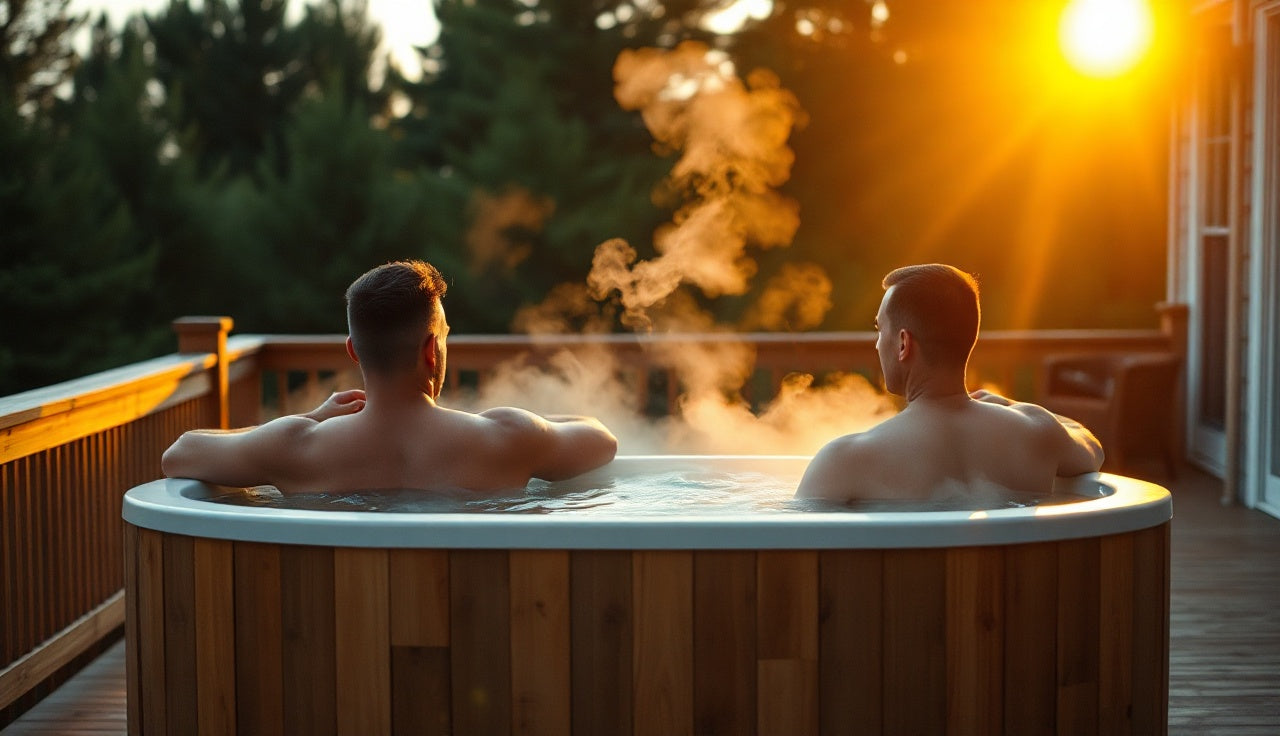 Two people soaking together in a two-person cold plunge tub on an outdoor deck
