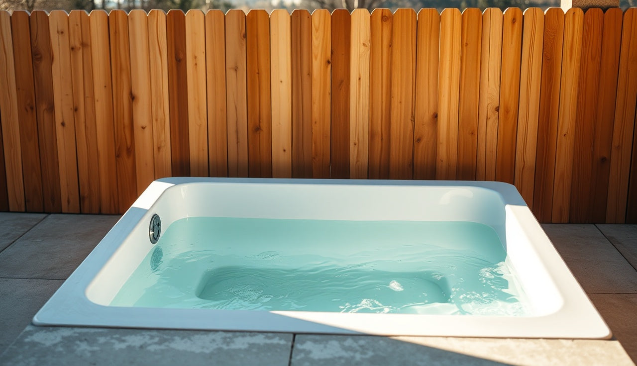 Compact cold plunge tub filled with clear water on an outdoor patio in morning light