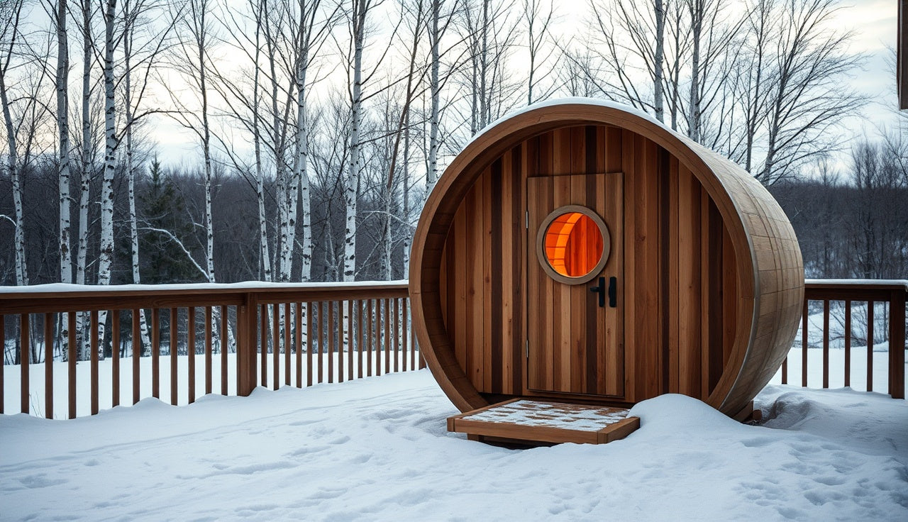 Cedar barrel sauna glowing warmly on a snow-covered backyard deck at dusk