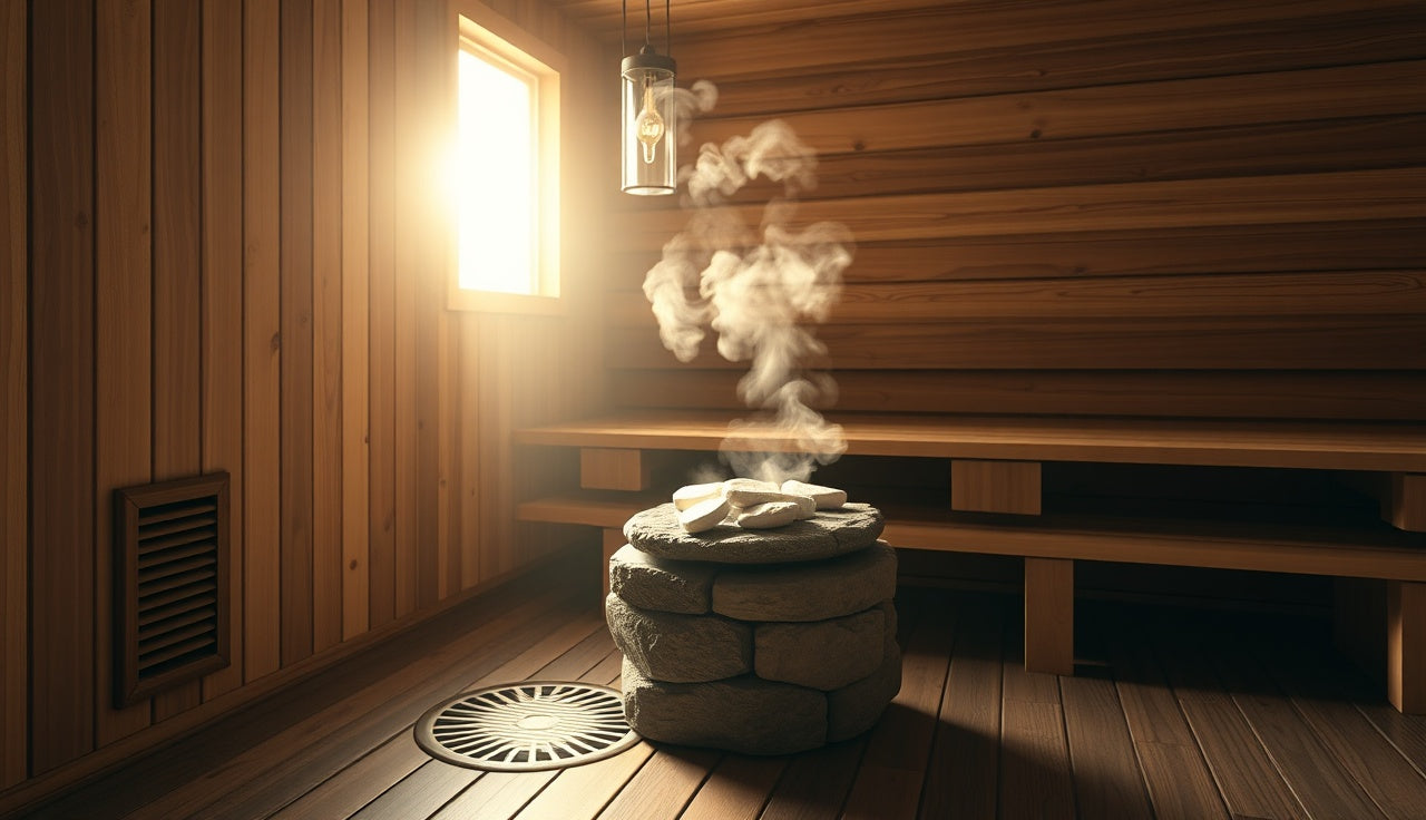 Cedar sauna room with low intake vent beside electric heater and steam rising