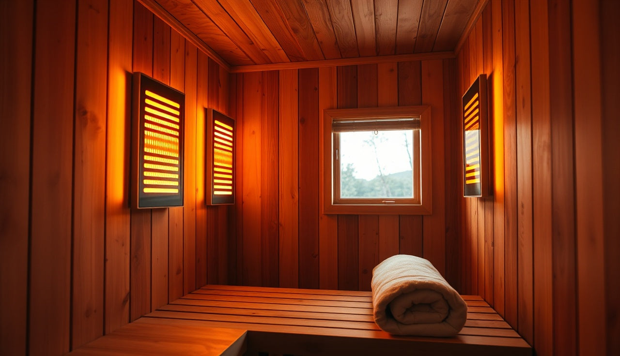 Warm amber infrared sauna cabin interior with cedar benches and glowing wall heaters