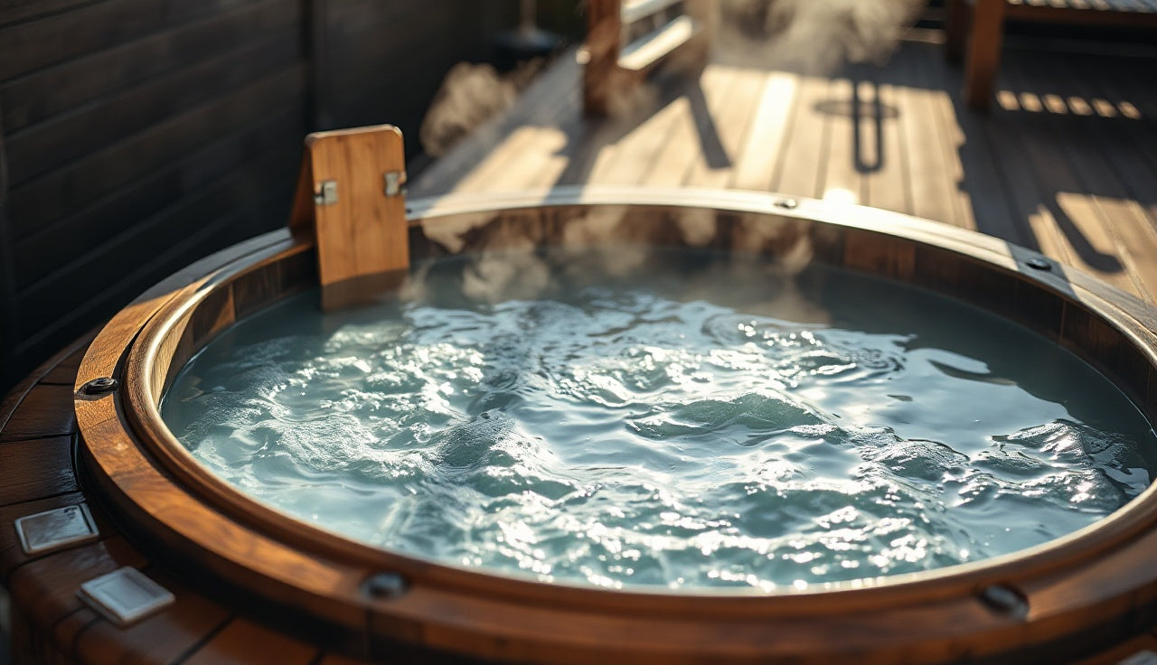 Outdoor cold plunge tub on wooden deck in early morning light