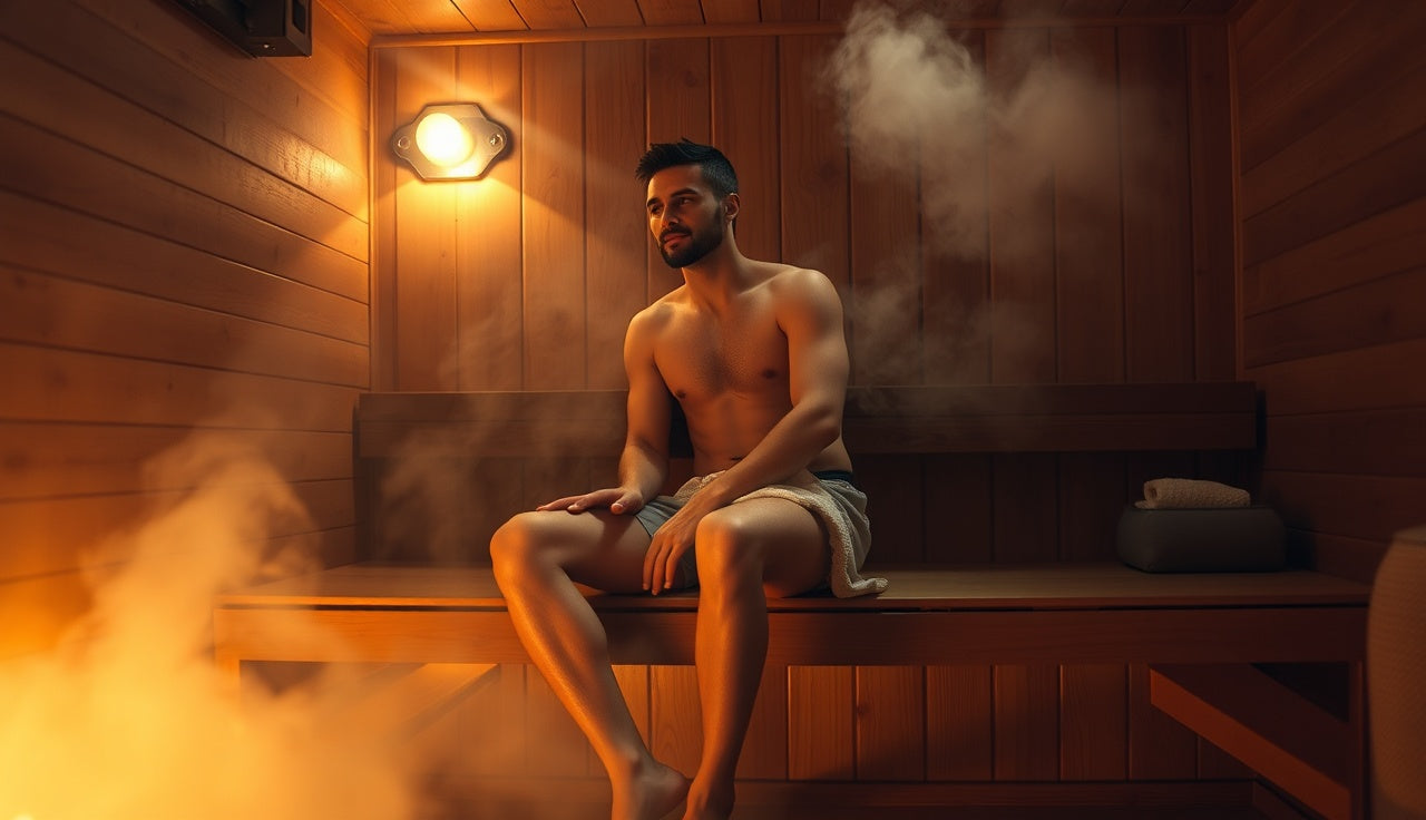 Athlete resting in a traditional Finnish sauna after a workout, steam rising