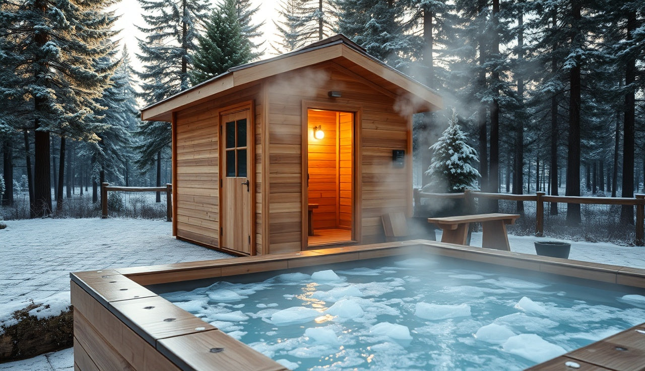 Outdoor sauna cabin next to an ice-filled cold plunge tub in morning light