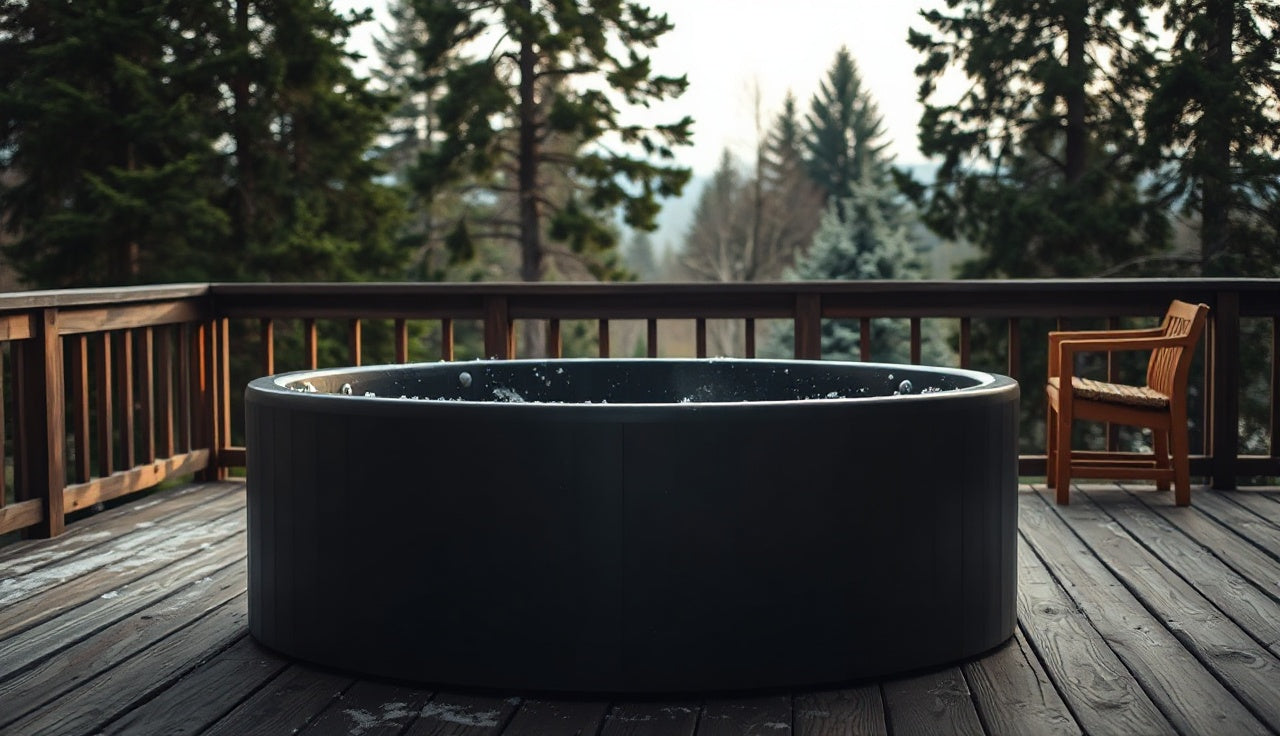 A black insulated cold plunge tub on a wooden outdoor deck with frost on the exterior
