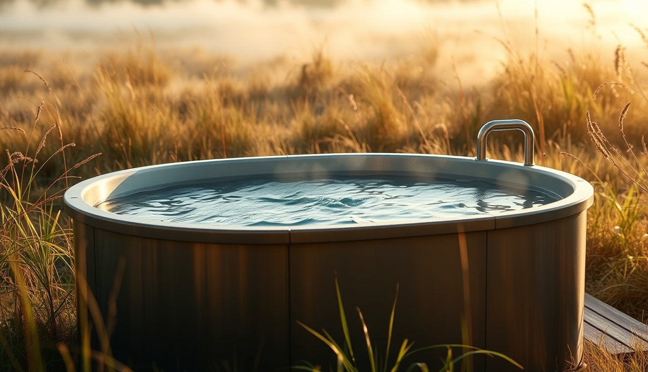 Outdoor stainless steel cold plunge tub with clear water at dawn