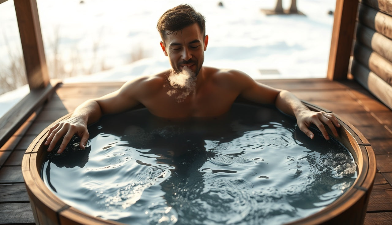 Person sitting in an outdoor cold plunge barrel at ice bath temperature on a wooden deck