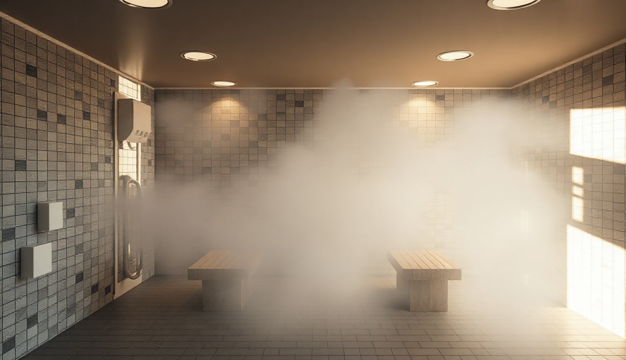 Tiled steam room interior filled with dense white vapor and soft recessed lighting