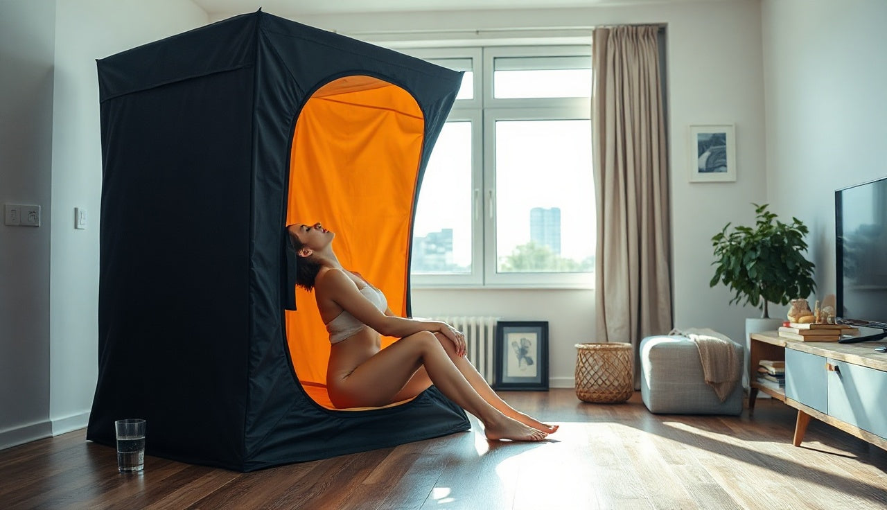 Person sitting inside a portable infrared sauna tent with head outside the enclosure
