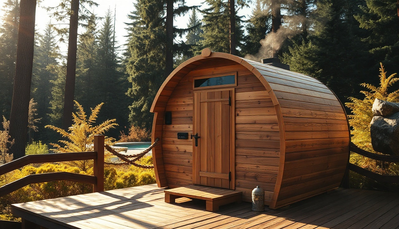 Cedar barrel DIY sauna kit assembled on a backyard deck surrounded by fir trees