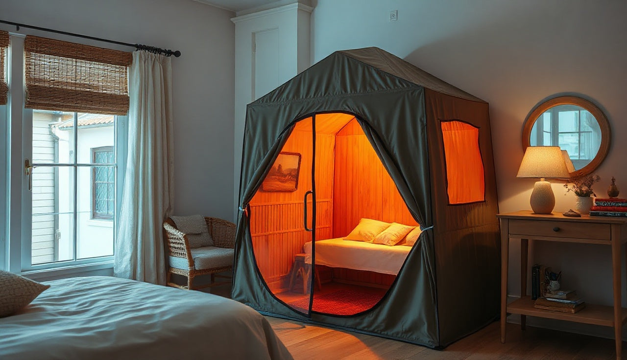 Compact fabric infrared sauna tent glowing with warm interior light in a bedroom
