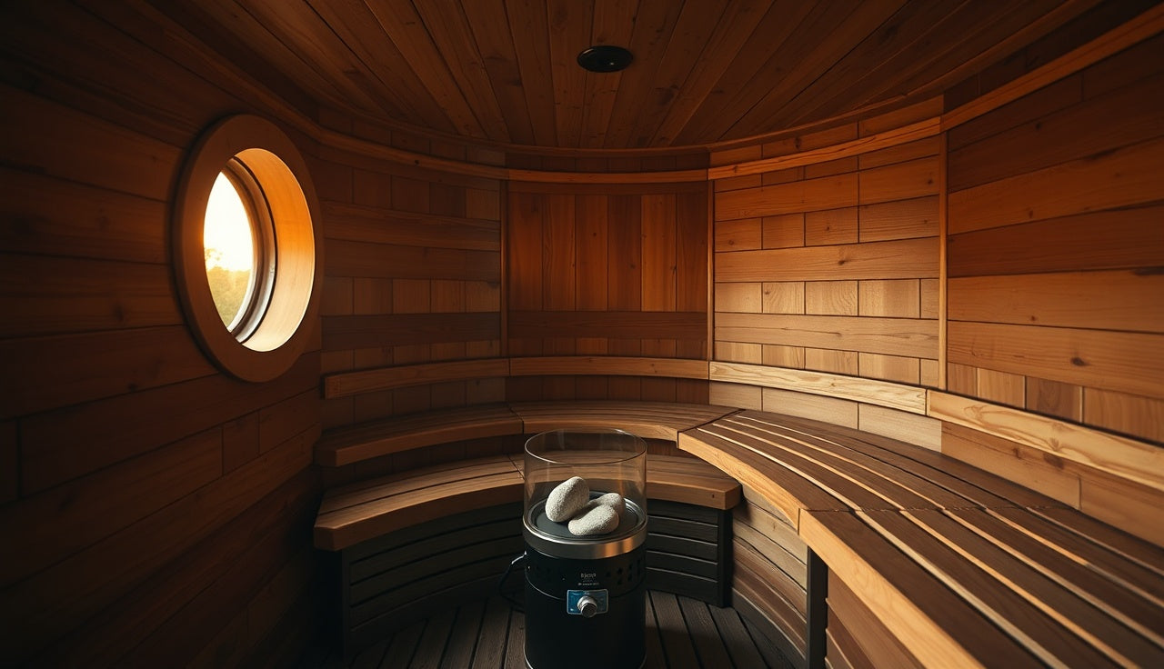Curved cedar wood interior of a barrel sauna with tiered benches and glowing heater stones