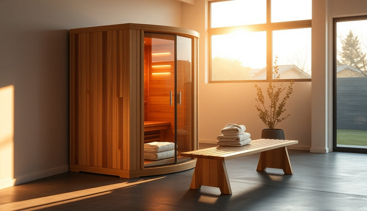 Cedar infrared sauna cabin glowing with warm light inside a modern home gym