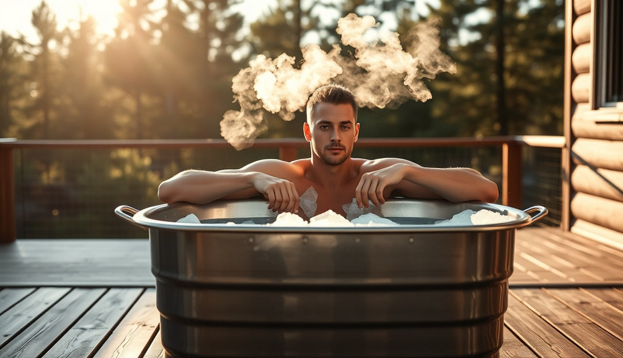 Athlete sitting in outdoor ice bath tub after morning workout on wooden deck