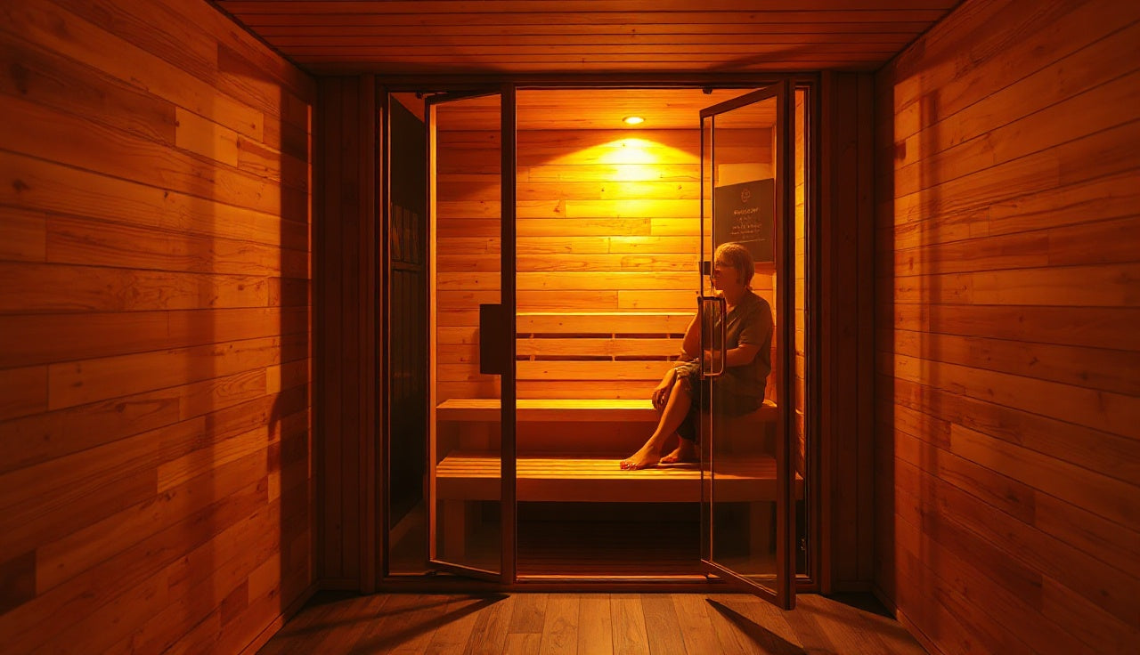 Indoor two-person infrared sauna with hemlock wood panels glowing in a modern basement