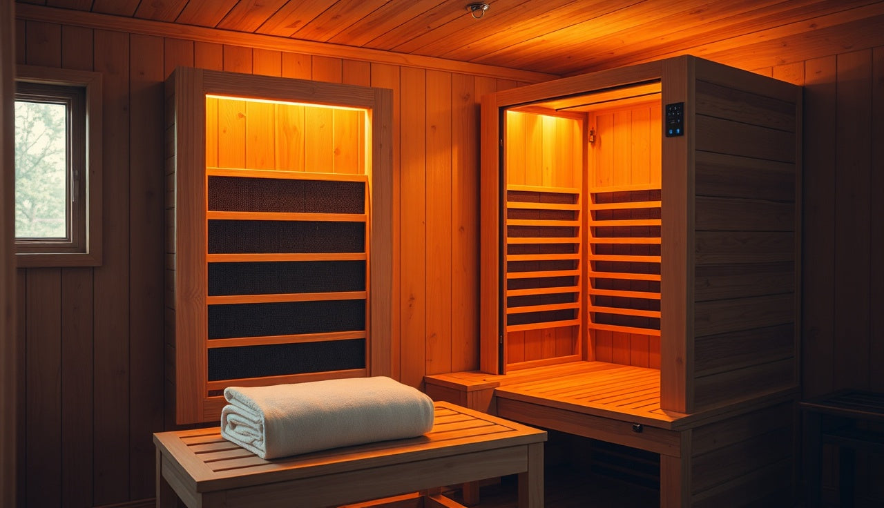 Two-person far infrared sauna with glowing carbon panels inside a home basement