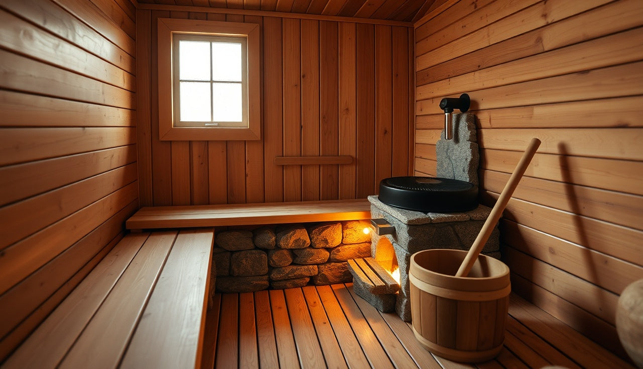 Interior of a Finnish sauna with Nordic spruce benches and a stone heater