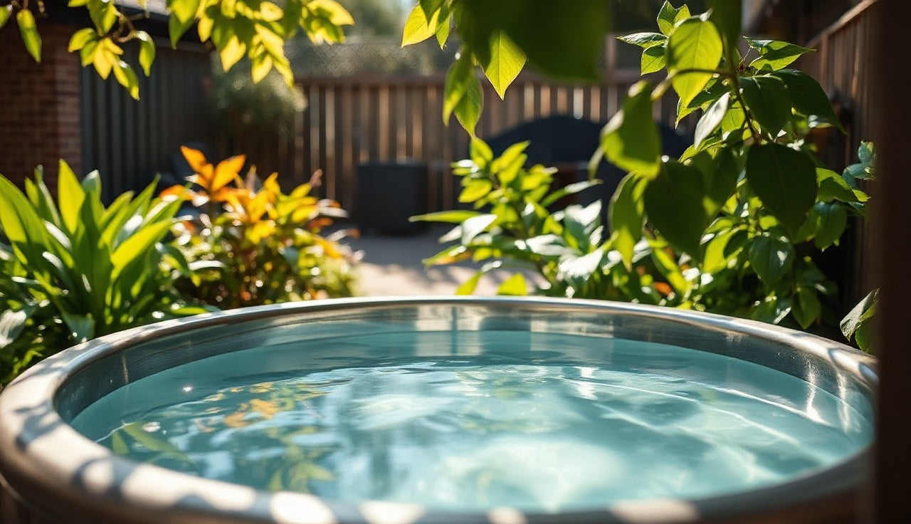 Clear water in a stainless steel cold plunge tub in a shaded backyard garden