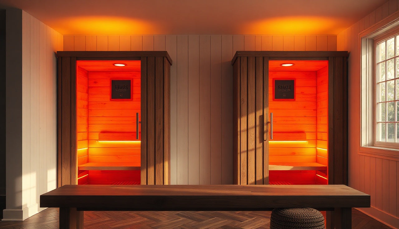 Two-person far infrared sauna with warm interior lighting in a home gym