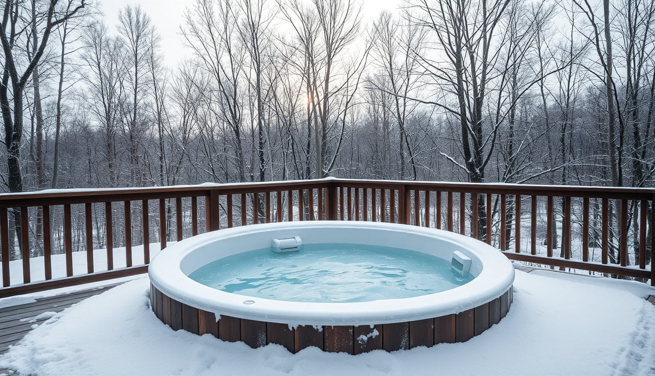 Snow-dusted outdoor cold plunge tub on a wooden deck in winter dawn light