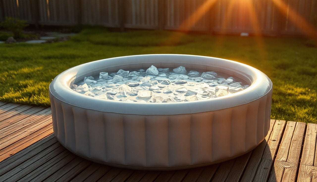 Inflatable ice bath filled with ice cubes on a backyard wooden deck