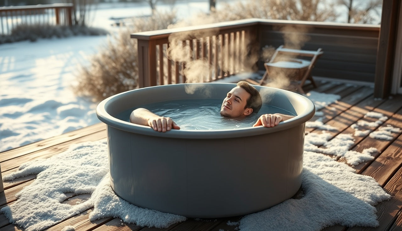 Person entering outdoor cold plunge tub on frosty wooden deck at dawn