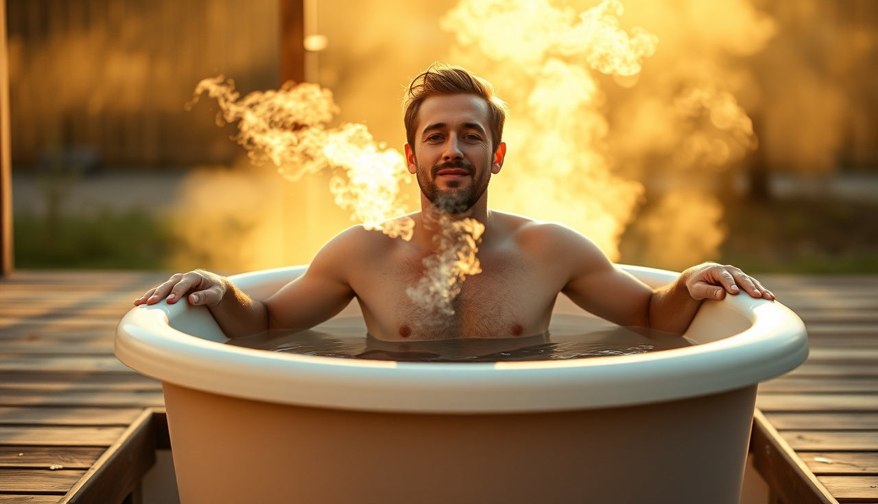Person sitting in a cold plunge tub outdoors managing first plunge with controlled breathing