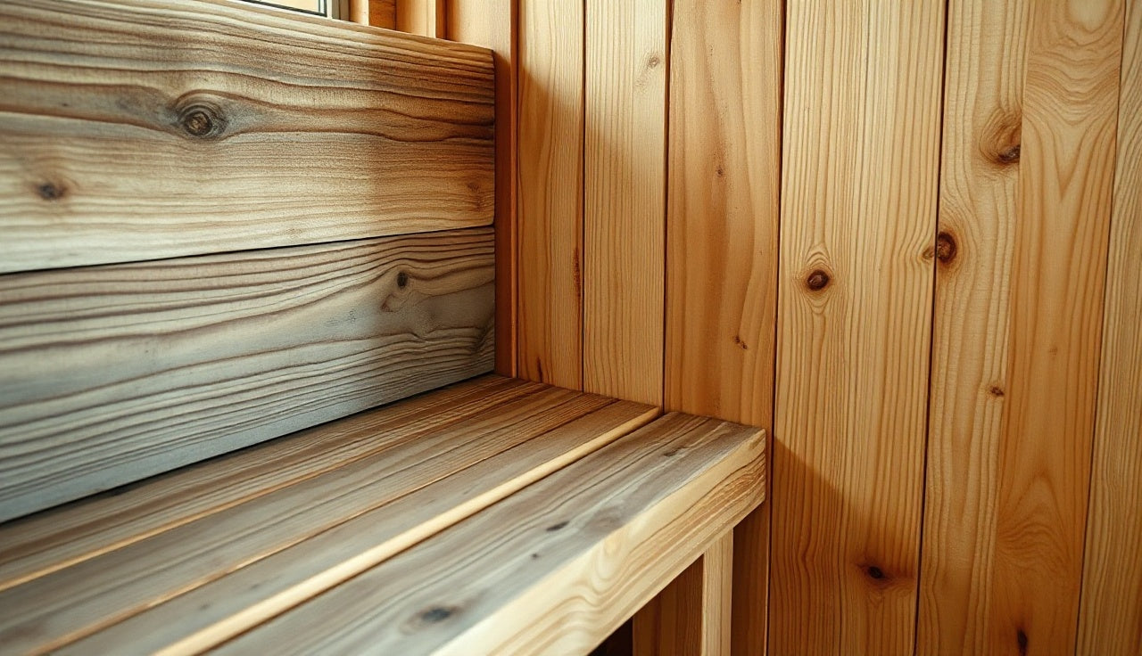 Gray weathered sauna bench planks next to freshly sanded golden cedar wood