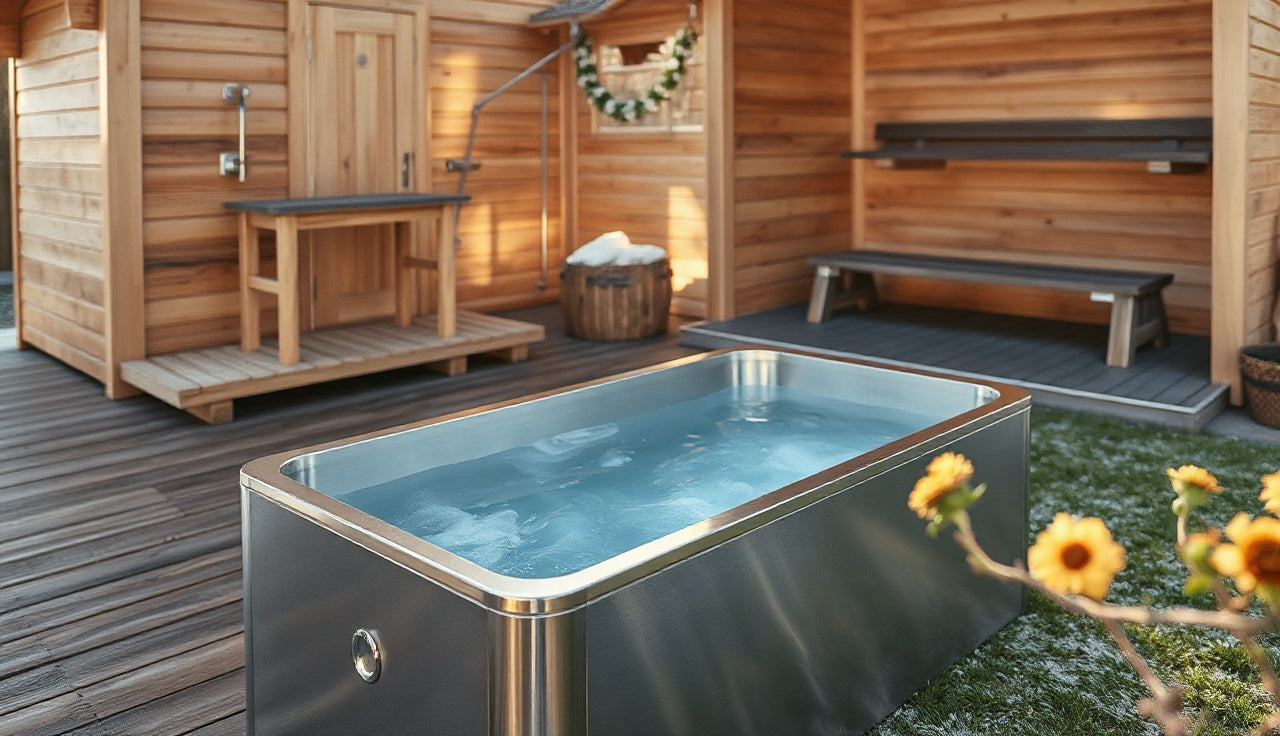 Stainless cold plunge machine tub next to cedar sauna on outdoor deck at dawn