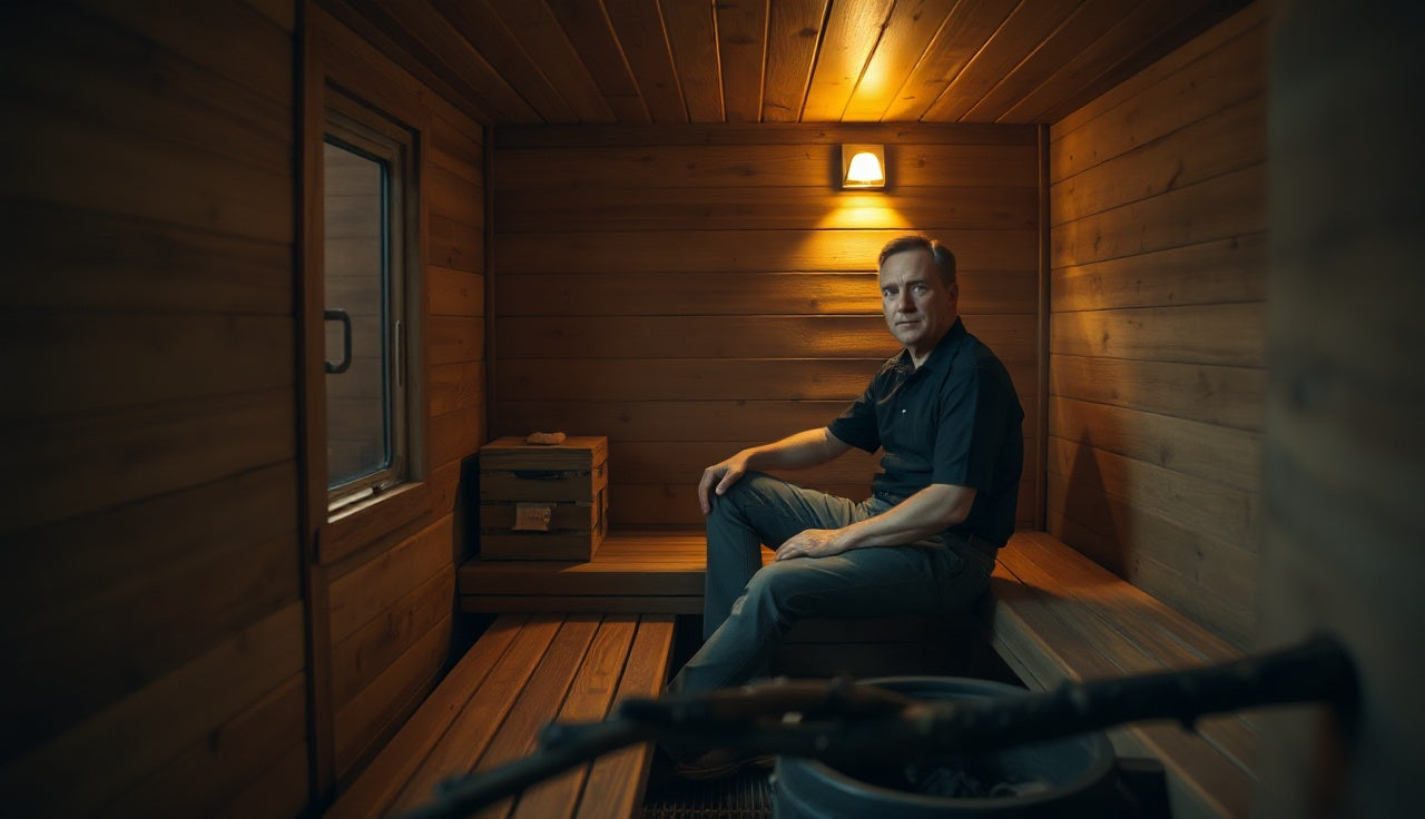 Man sitting on cedar bench in traditional Finnish sauna with steam rising from hot rocks
