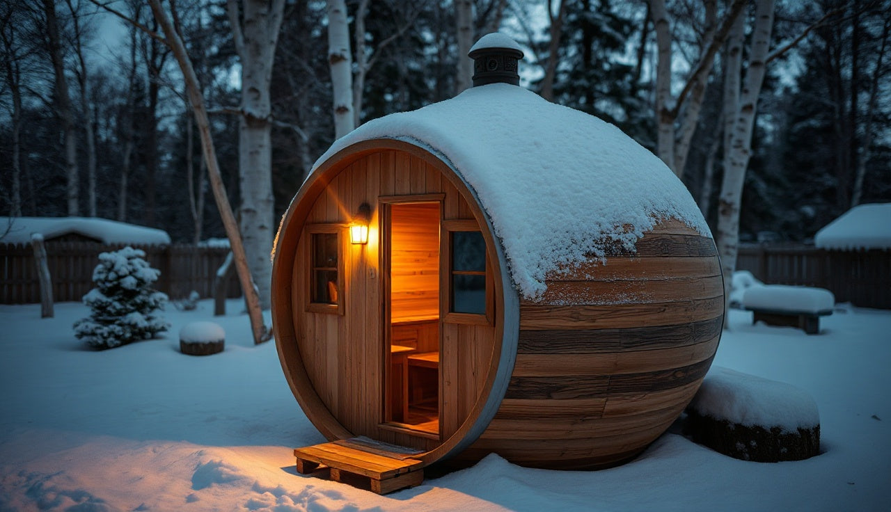Cedar barrel sauna in a snowy Michigan backyard at dusk with amber interior light