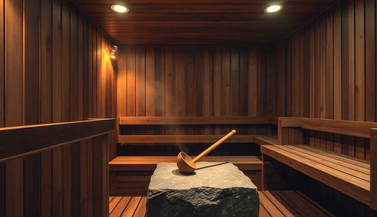 Warm cedar home sauna interior with steam rising from a stone heater at dusk