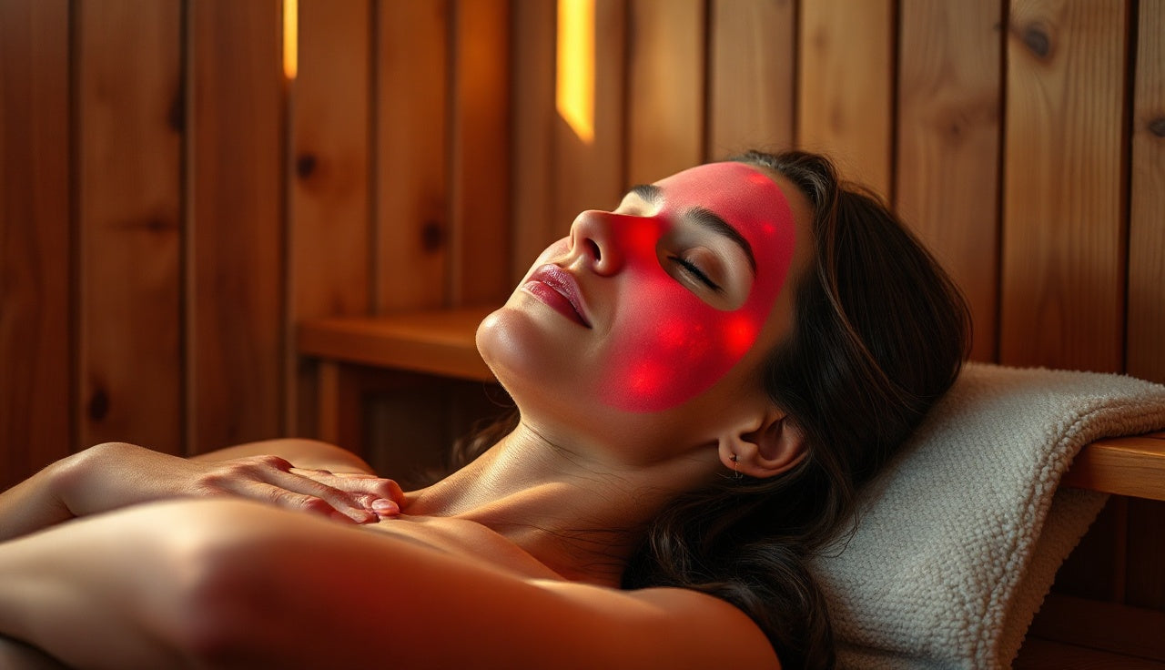 Woman wearing a red LED face mask while resting in a wooden home sauna