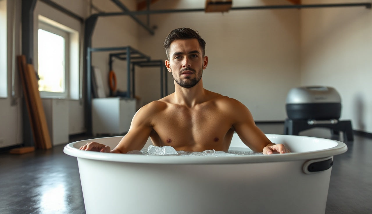 Athlete sitting in an ice bath tub in a home gym after a workout