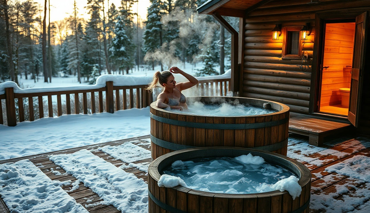 Person transitioning from hot barrel tub to cold plunge during outdoor contrast water therapy session