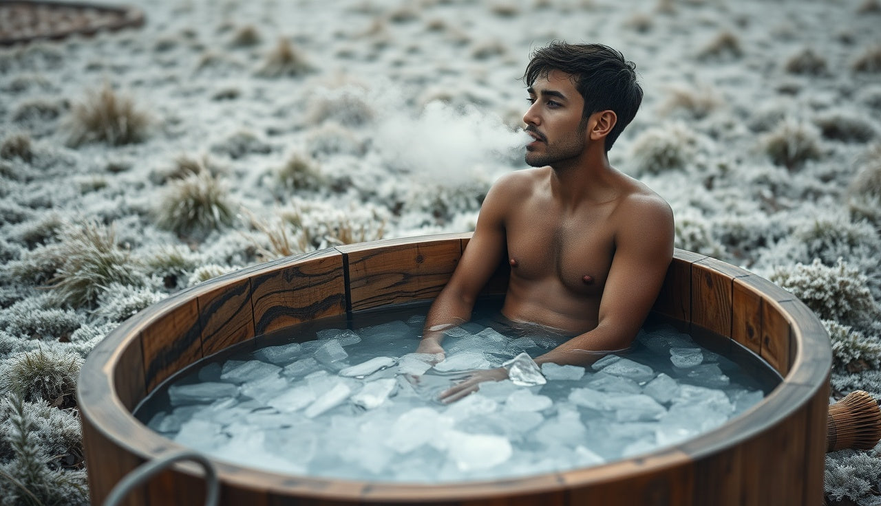 Person sitting in an outdoor ice bath tub breathing out in cold air