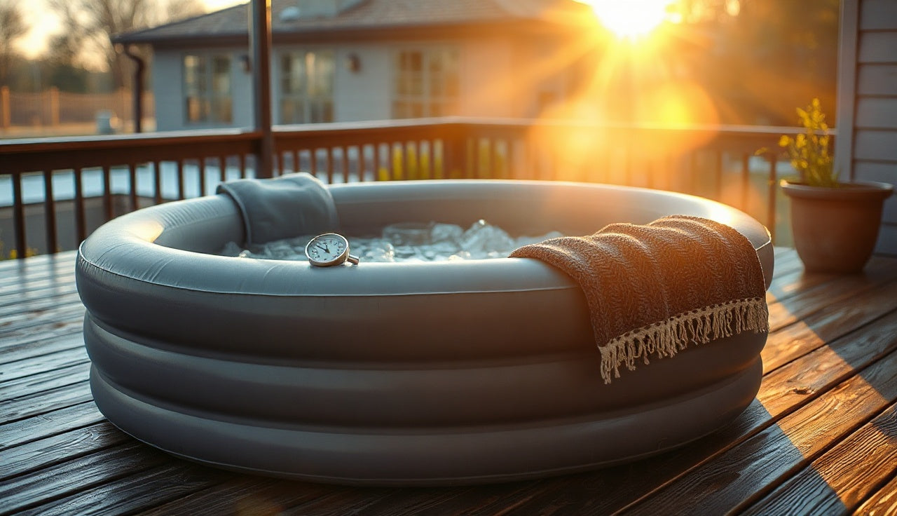 Inflatable ice bath tub filled with cold water and ice on an outdoor wooden deck