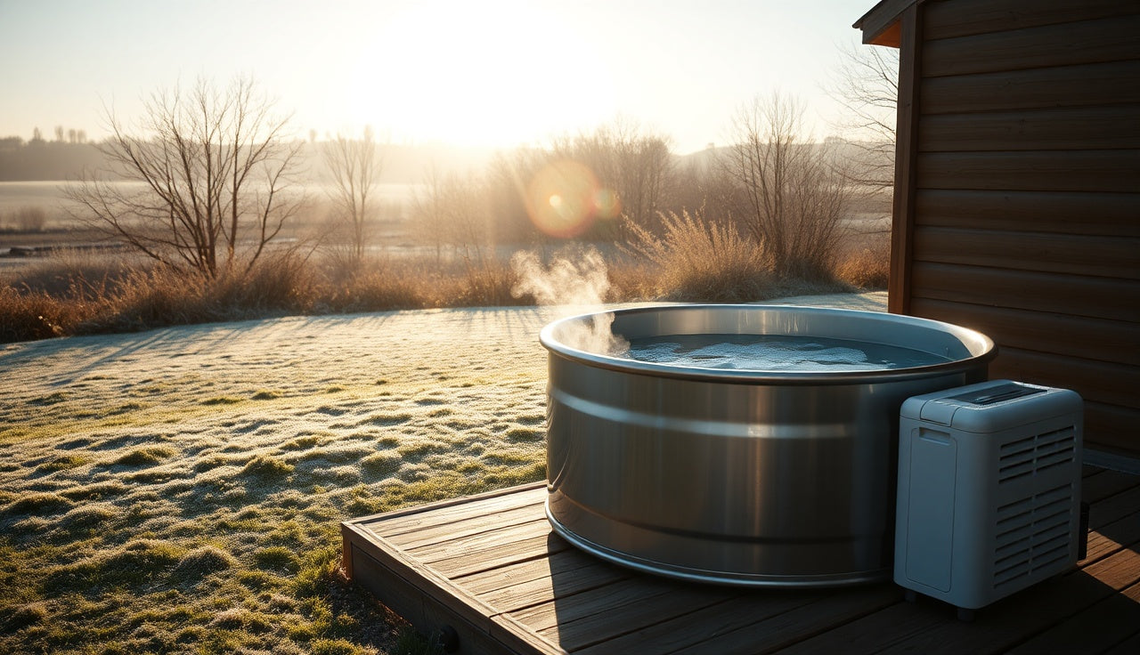 Cold plunge tub and 1HP chiller on a wooden deck at dawn