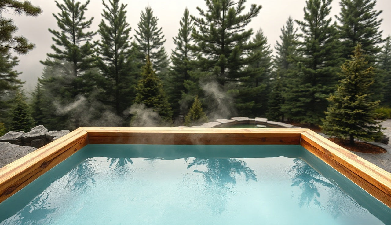 Cold plunge tank filled with clear water on a stone patio at dawn