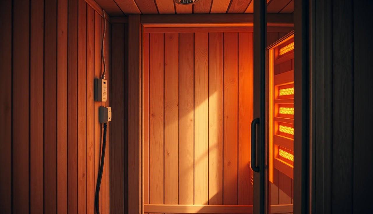 Wood-paneled infrared sauna interior with visible power outlet and cord on wall