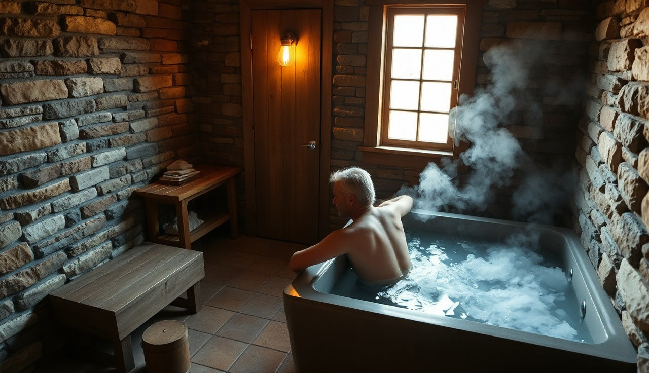 Person stepping into a cold plunge bathtub in a home wellness room at dawn