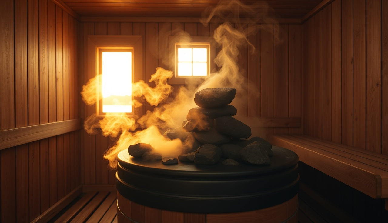 Wooden Finnish sauna interior with steam rising from hot rocks on heater