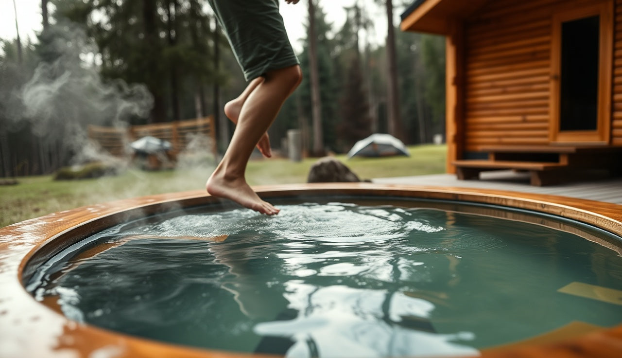 Person transitioning from outdoor sauna into cold plunge pool during contrast therapy session