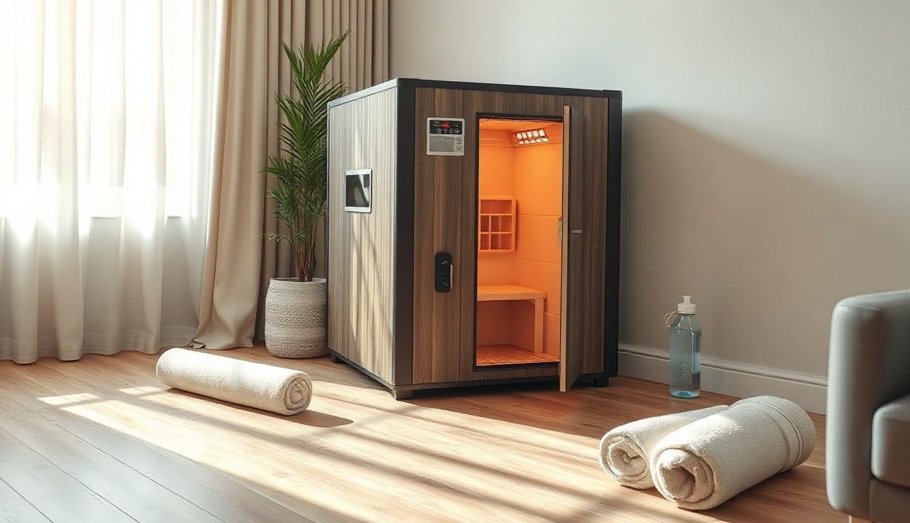 Portable infrared sauna set up in a sunlit home living room corner