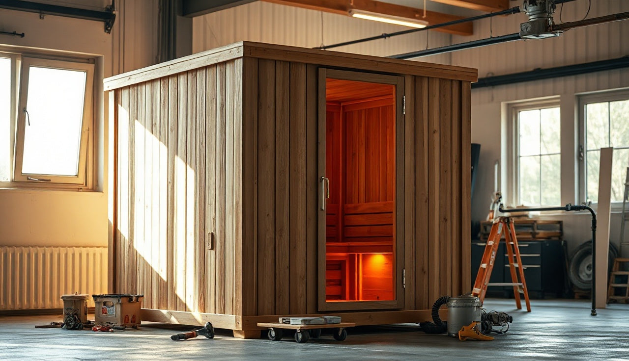 Assembled wooden infrared sauna cabin glowing with warm light inside a home garage