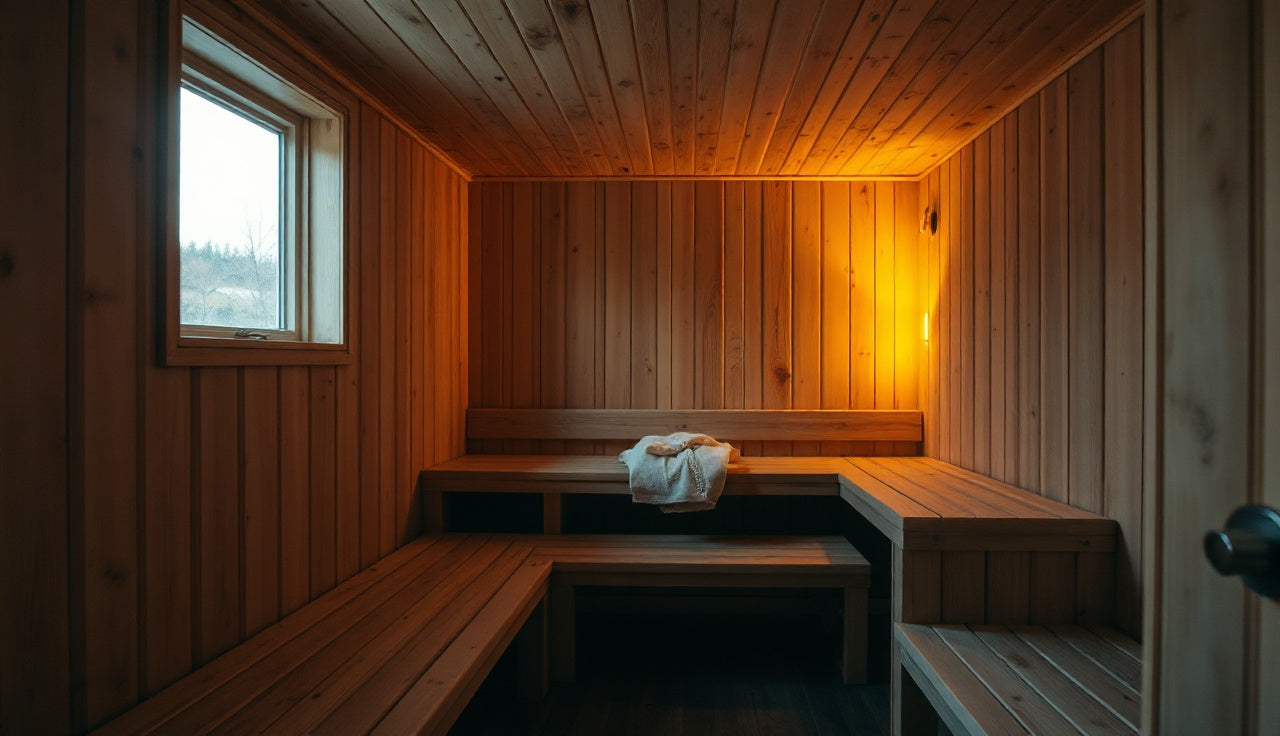 Cedar infrared sauna cabin interior with glowing carbon fiber heater panels on the walls