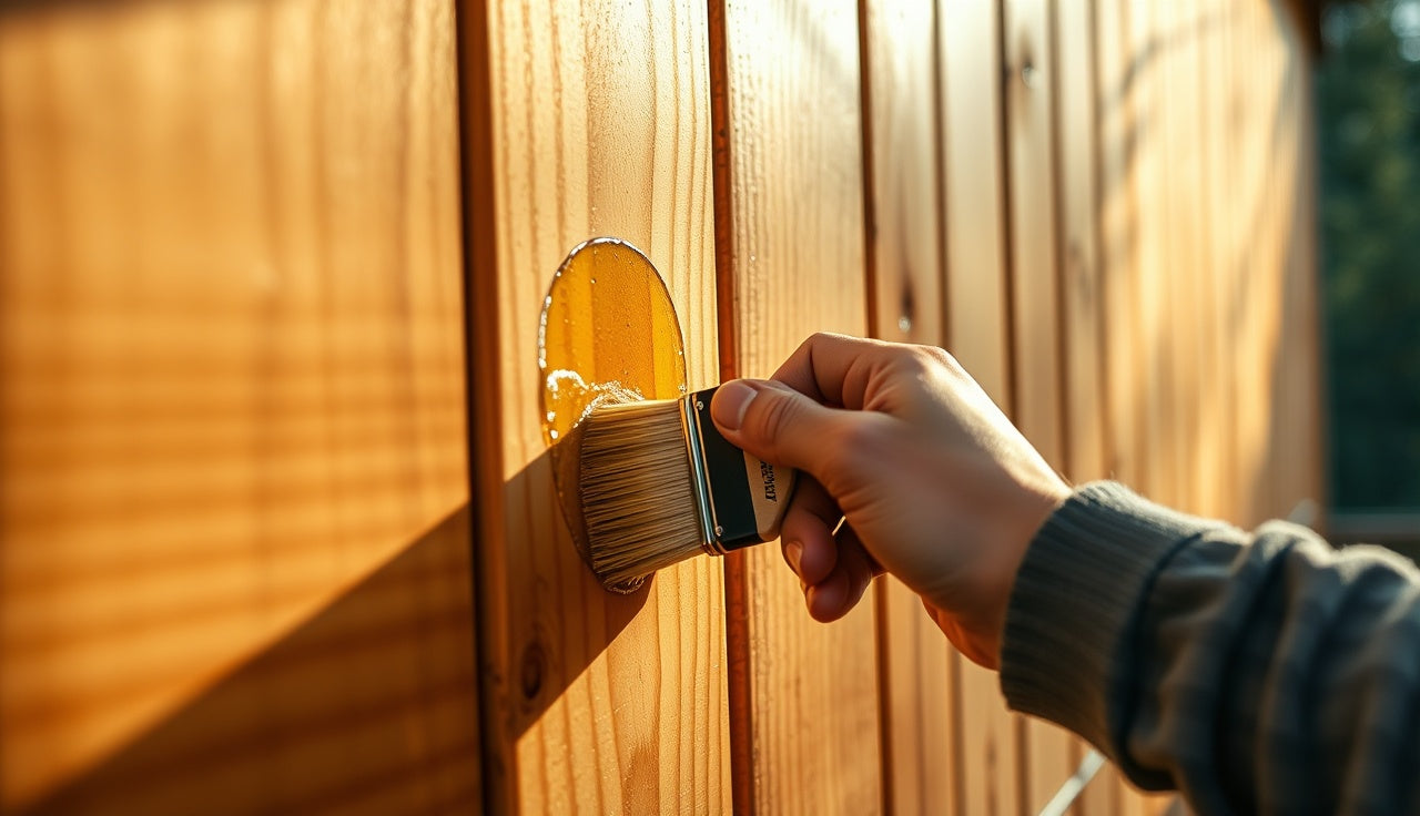 Hand brushing penetrating oil sealer onto rough cedar outdoor sauna exterior boards