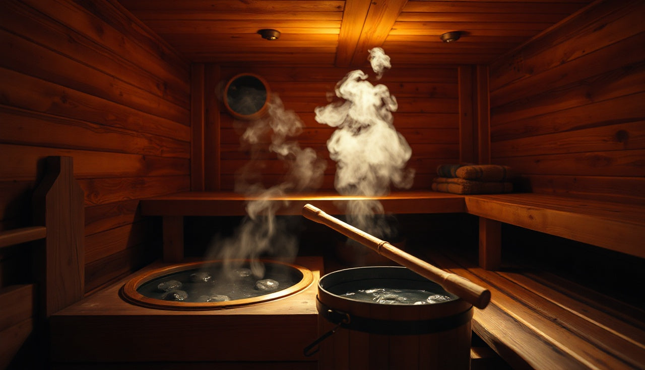 Hot stones on a kiuas inside a wood-paneled Finnish sauna with rising steam