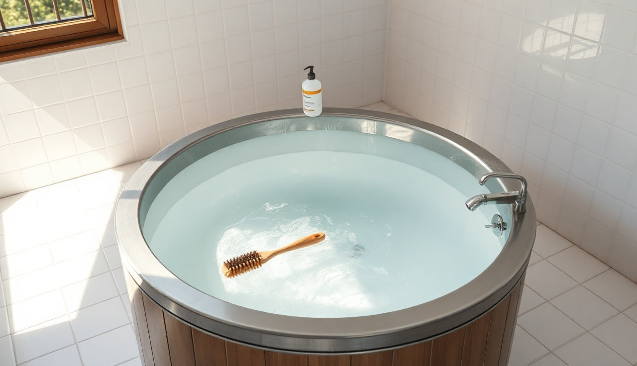 Stainless steel cold plunge tub with cleaning brush and solution ready for biofilm removal