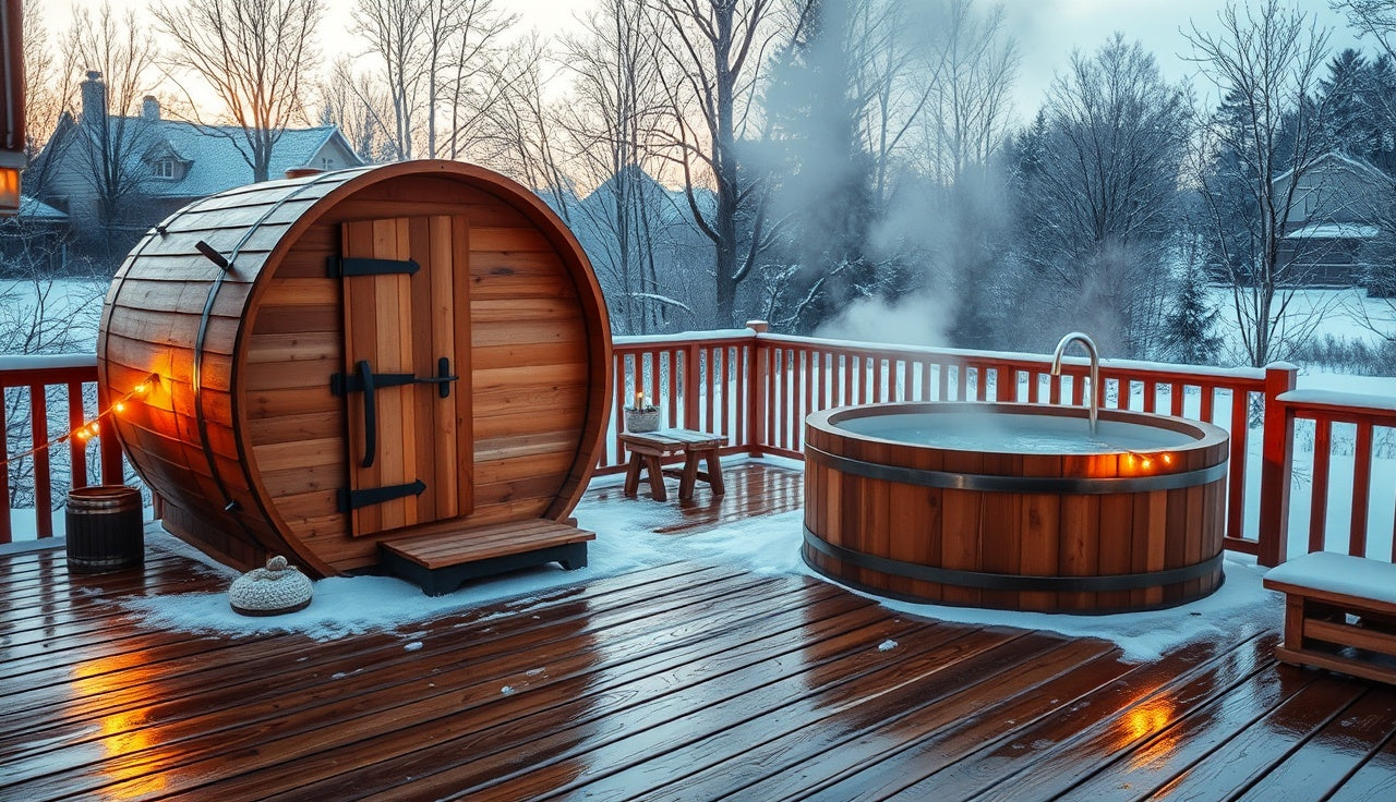 Steam rising from a backyard barrel sauna next to a cold plunge tub at dawn